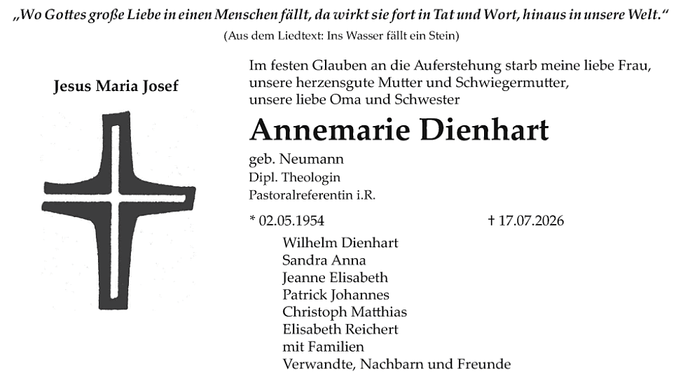 Trauer-Anzeige Annemarie Dienhart