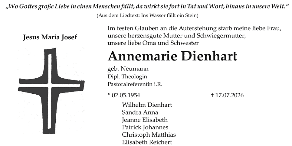 Trauer-Anzeige Annemarie Dienhart